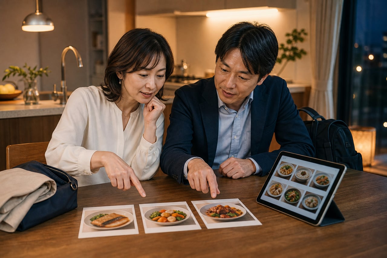 両親に送る食事を相談する家族